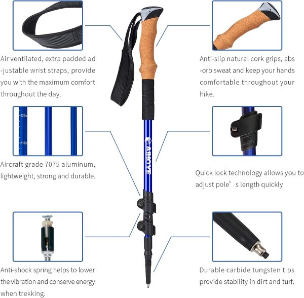 Aihoye Trekking Hiking Poles - 2 Pack Adjustable Hiking Walking Sticks Collapsible Lightweight - Strong Lightweight Aluminum7075, Quick Flip-Lock Hiking Sticks and Comfortable Cork Grips - Image 2
