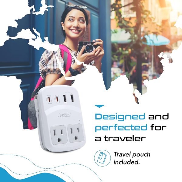 Ceptics World Travel Adapter Kit 2 USB-A, USB-C US Outlets, 20W/QC 18W Power Delivery, Surge Protection, SWADAPT Compatible for Europe, UK, China, Australia, Japan Perfect Laptop (WPS-5B) - Image 4