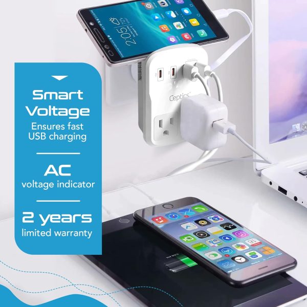Ceptics World Travel Adapter Kit 2 USB-A, USB-C US Outlets, 20W/QC 18W Power Delivery, Surge Protection, SWADAPT Compatible for Europe, UK, China, Australia, Japan Perfect Laptop (WPS-5B) - Image 7
