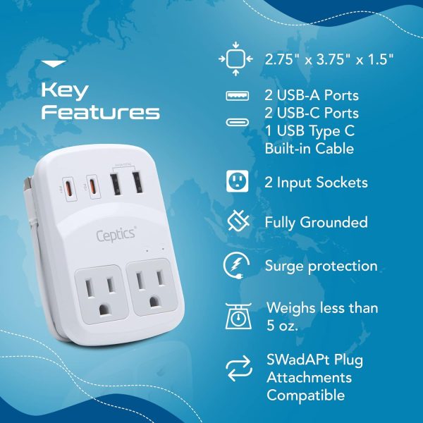 Ceptics World Travel Adapter Kit 2 USB-A, USB-C US Outlets, 20W/QC 18W Power Delivery, Surge Protection, SWADAPT Compatible for Europe, UK, China, Australia, Japan Perfect Laptop (WPS-5B) - Image 8