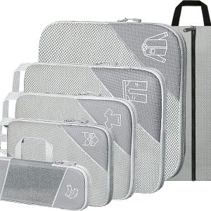 Compression Packing Cubes for Travel, 6 Set Packing Cubes for Travel Essentials, Ultralight Suitcase Organiser Bags Set for Travel, Expandable Luggage Travel Bags for Carry-on Luggage Suitcase (Grey)