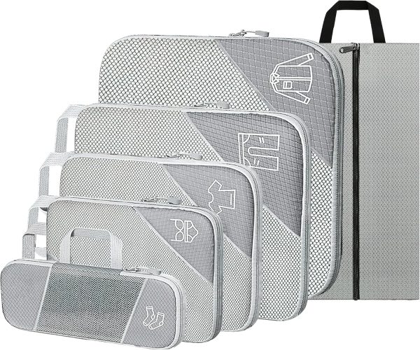 Compression Packing Cubes for Travel, 6 Set Packing Cubes for Travel Essentials, Ultralight Suitcase Organiser Bags Set for Travel, Expandable Luggage Travel Bags for Carry-on Luggage Suitcase (Grey)