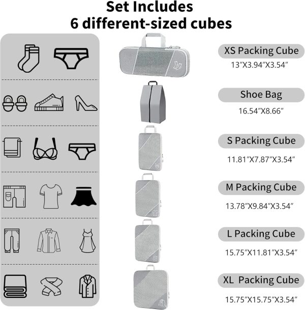 Compression Packing Cubes for Travel, 6 Set Packing Cubes for Travel Essentials, Ultralight Suitcase Organiser Bags Set for Travel, Expandable Luggage Travel Bags for Carry-on Luggage Suitcase (Grey) - Image 2