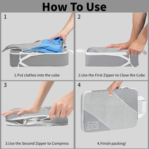 Compression Packing Cubes for Travel, 6 Set Packing Cubes for Travel Essentials, Ultralight Suitcase Organiser Bags Set for Travel, Expandable Luggage Travel Bags for Carry-on Luggage Suitcase (Grey) - Image 4