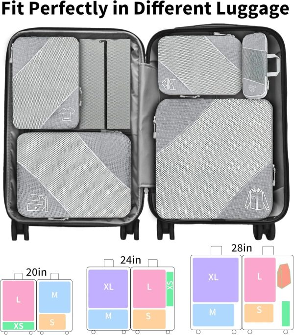 Compression Packing Cubes for Travel, 6 Set Packing Cubes for Travel Essentials, Ultralight Suitcase Organiser Bags Set for Travel, Expandable Luggage Travel Bags for Carry-on Luggage Suitcase (Grey) - Image 6