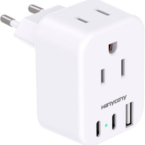 European Travel Plug Adapter USB C, International Plug Adapter, US to Europe Plug Adapter with 2 Outlets 3 USB Ports(2 USB C), Type C Power Adapter to Italy Spain France Portugal Iceland Germany