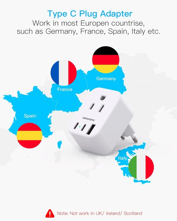European Travel Plug Adapter USB C, International Plug Adapter, US to Europe Plug Adapter with 2 Outlets 3 USB Ports(2 USB C), Type C Power Adapter to Italy Spain France Portugal Iceland Germany - Image 2